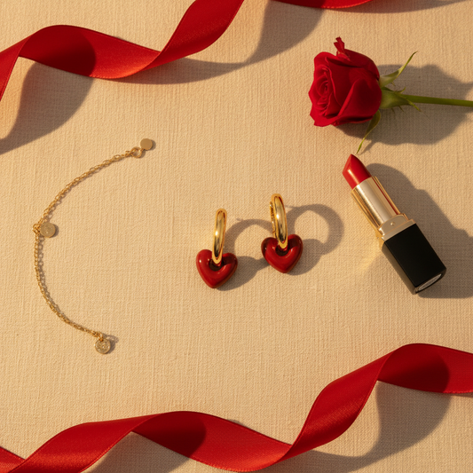Mahal Earrings in 18K gold-plated stainless steel with red resin heart, lifestyle photo