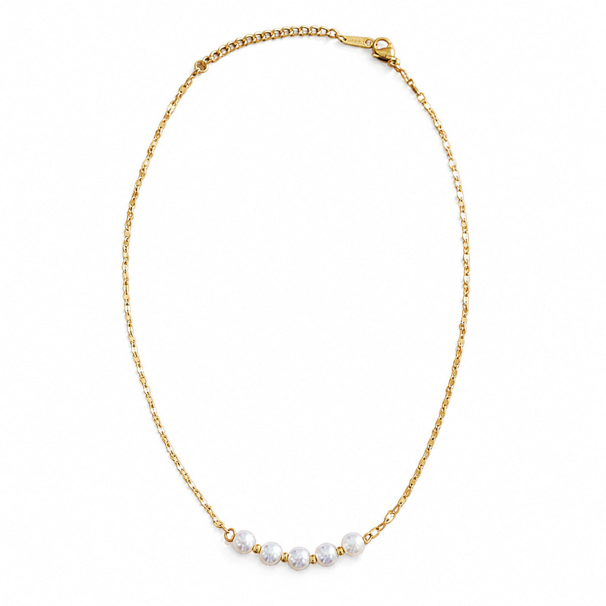 A delicate gold chain necklace with five faceted white beads spaced along the lower center, displayed on a clean white background.