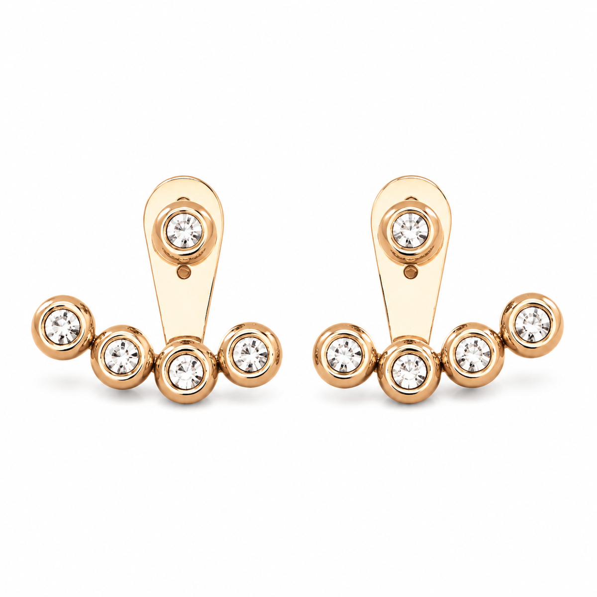 A pair of rose gold stud earrings with a curved post and five clear round-cut gemstones in bezel settings, displayed on a clean white background.