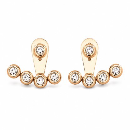 Ellie Earrings, gold stud earrings with a curved post and five clear round-cut stones in bezel settings, displayed on a clean white background.