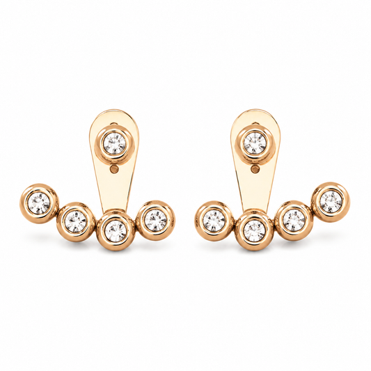 Ellie Earrings, gold stud earrings with a curved post and five clear round-cut stones in bezel settings, displayed on a clean white background.