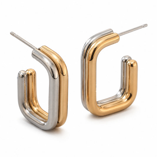 Jenny Earrings in two-tone gold and silver-tone stainless steel, on a white background