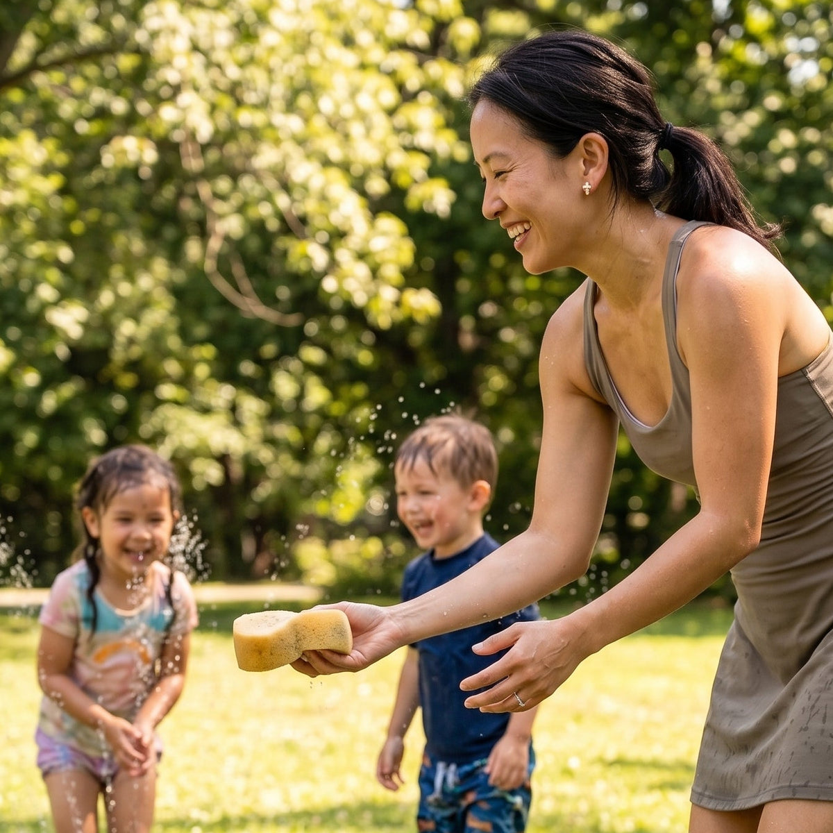 A woman in a taupe dress and two young children playing with a hose on a sunny grassy lawn. The woman is holding a yellow sponge and smiling, with water spraying in the background.