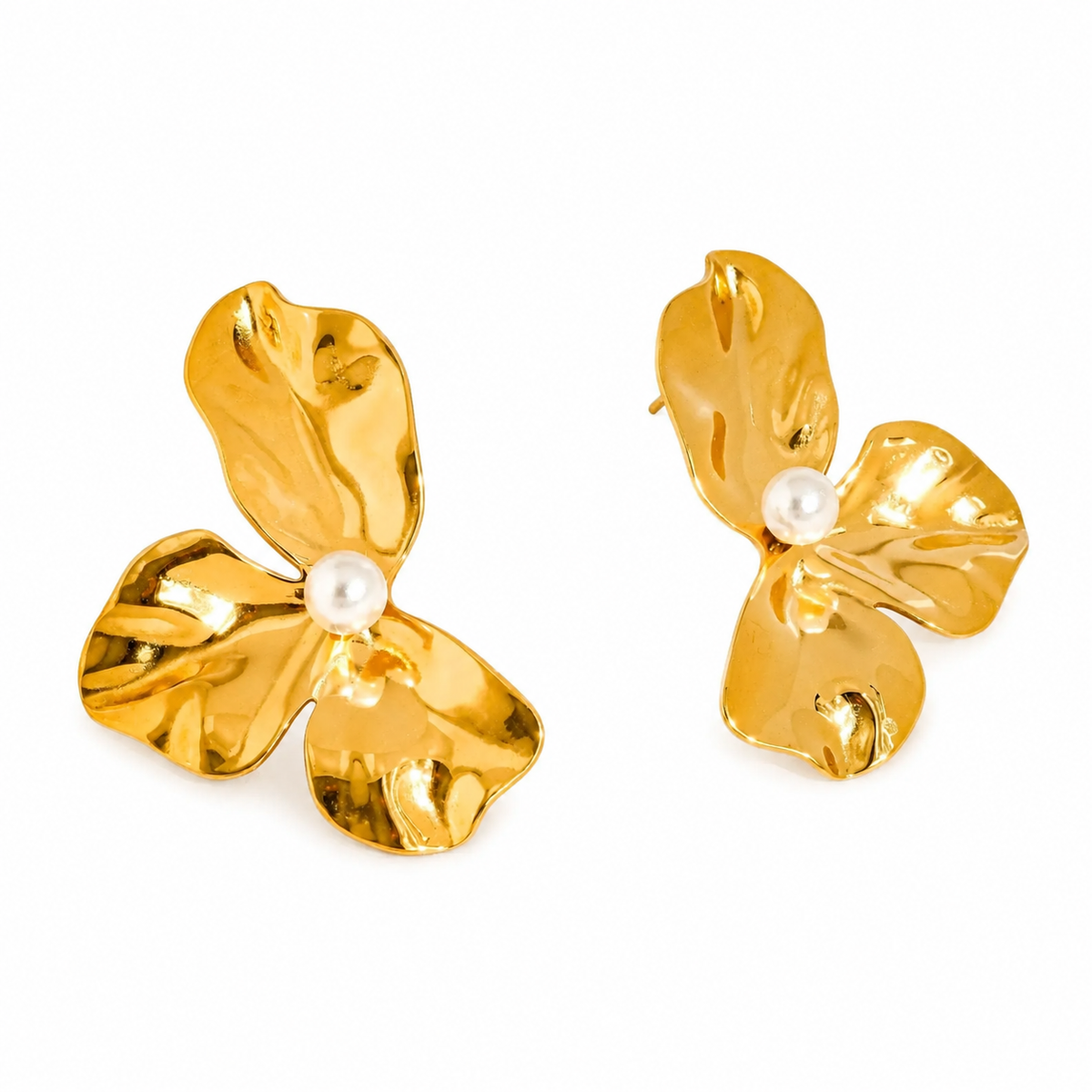 A pair of gold flower-shaped earrings with a small white pearl at the center, displayed on a clean white background.