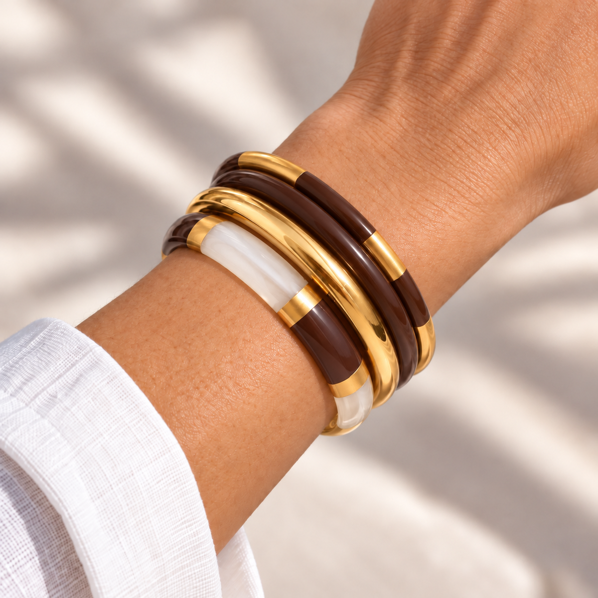 Brenna Bangle Stack in 18K gold-plated stainless steel with resin, alternate view