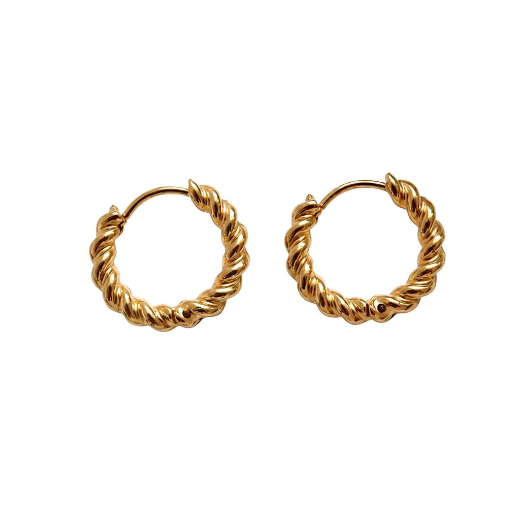 A pair of gold hoop earrings with a twisted rope texture, displayed on a clean white background.