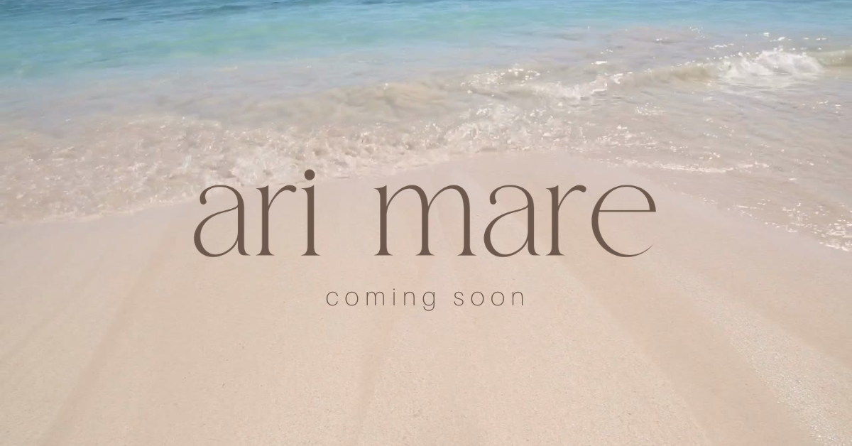 beach and ocean tide coming in with ari mare logo in brown and "coming soon" beneath the logo