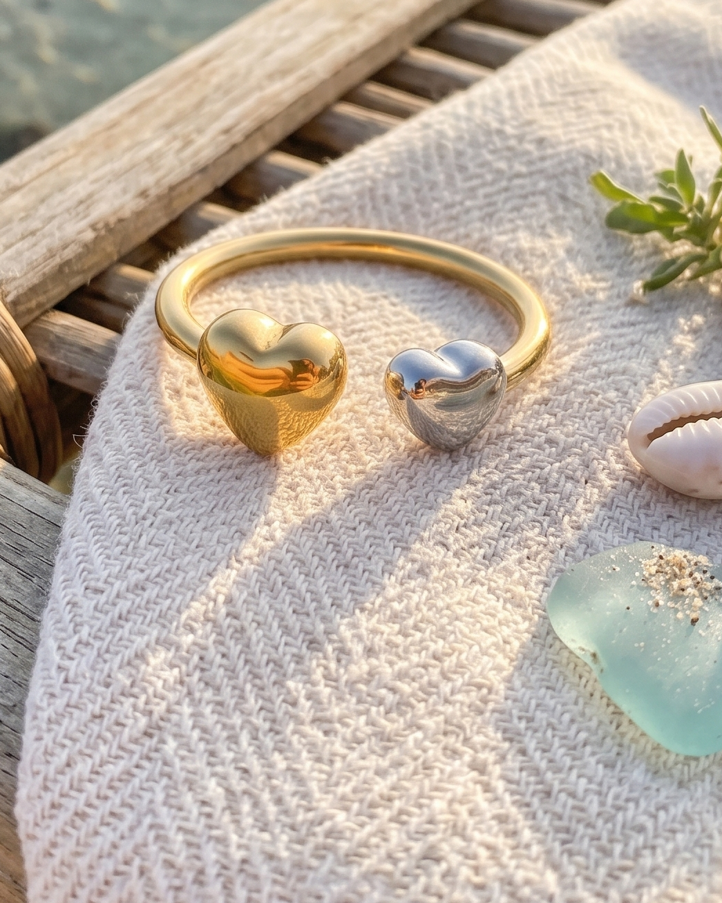 Two heart-shaped cuff rings, one gold and one silver, displayed on a woven beach chair with a textured cream blanket, seashells, sea glass, and small succulents, with a tide pool and sandy beach in the background.