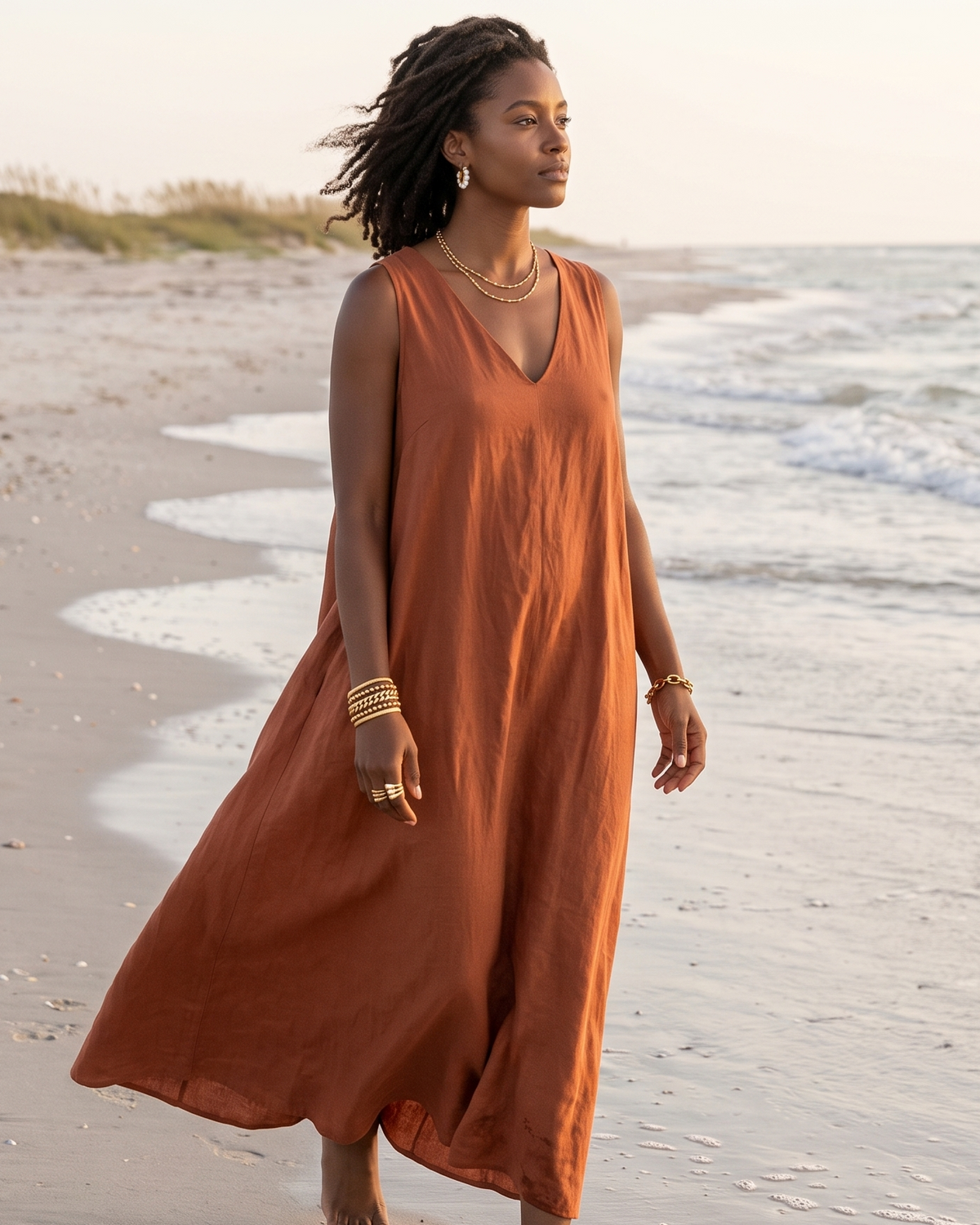 A woman walks barefoot on a sandy beach at sunset wearing a sleeveless, V-neck maxi dress in a warm rust orange color. She is accessorized with gold jewelry, and the ocean waves are visible in the background.
