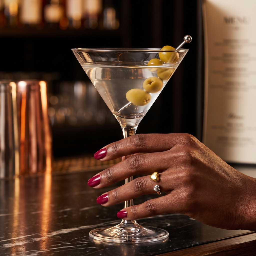 A hand with dark pink nail polish and rings holds a martini glass with green olives on a skewer, set on a dark bar counter with blurred bottles in the background.