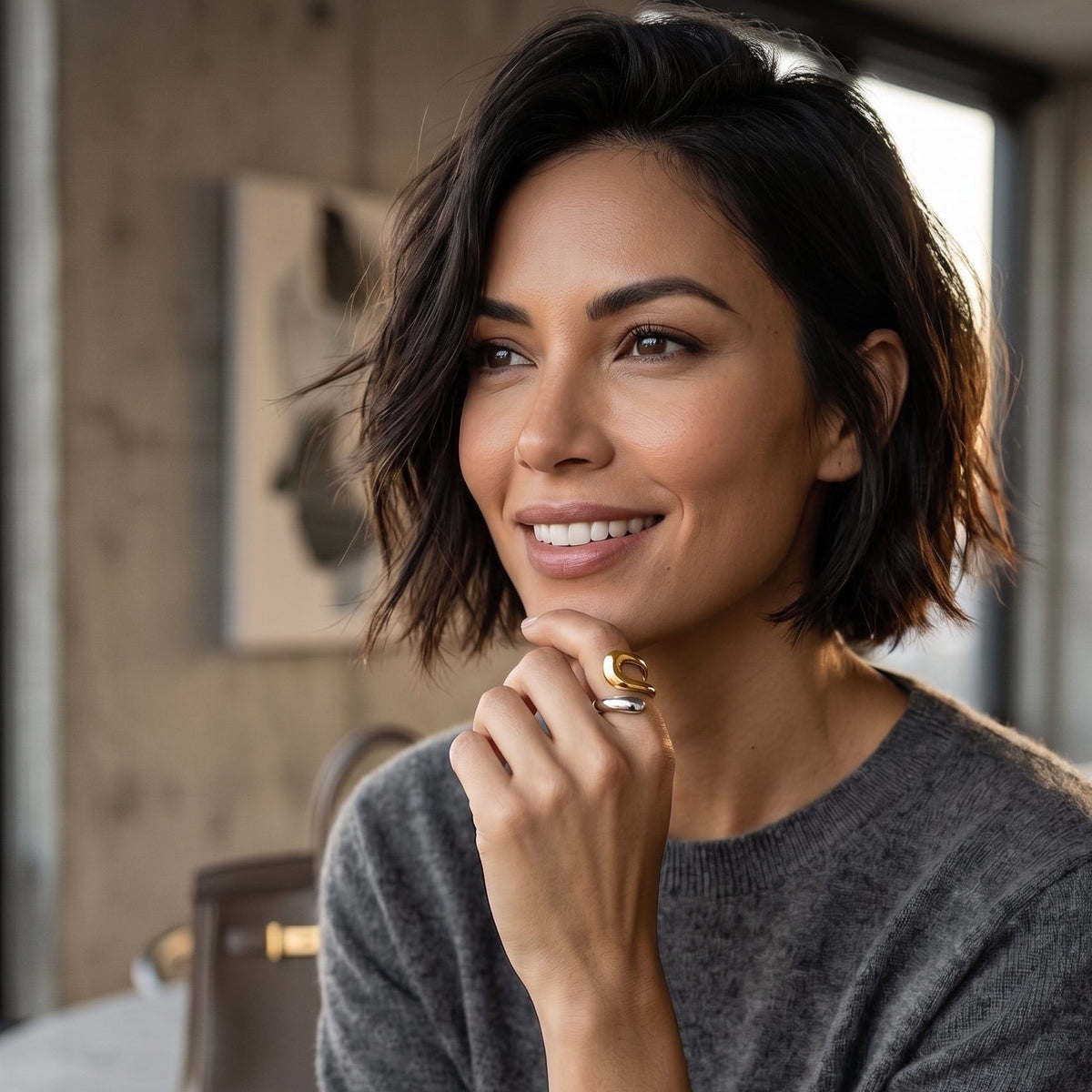 A woman with short dark hair wearing a chunky gold ring, posing in a modern indoor setting with a gray sweater.