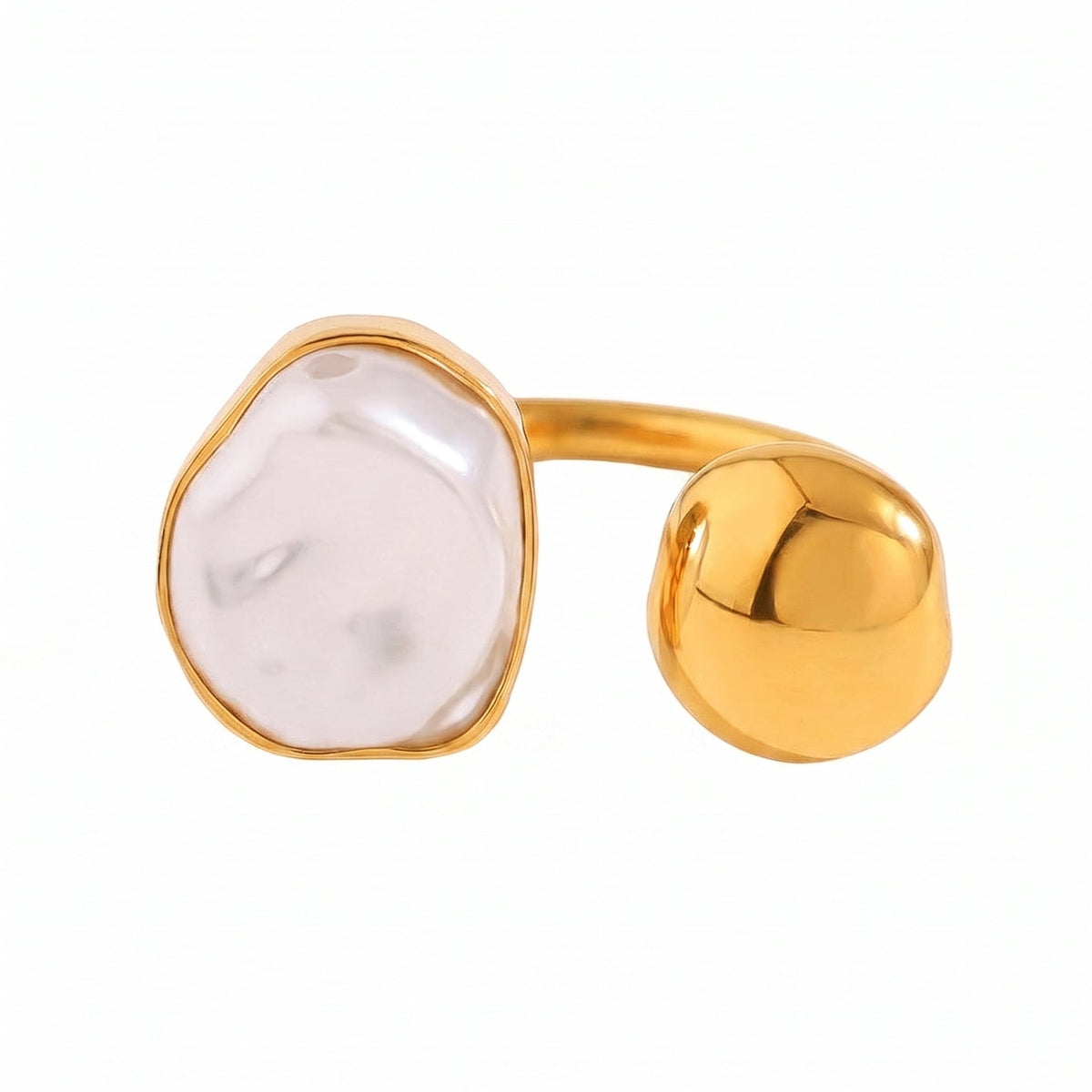 A gold-plated ring featuring a large, irregularly shaped pale pinkish-white stone on one end and a polished, rounded gold ball on the other, set against a plain white background.