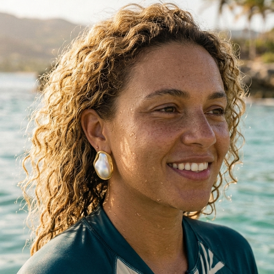 A smiling woman with curly light brown hair wearing a dark teal and white tropical print rash guard, standing outdoors with a tropical ocean and palm trees in the background.