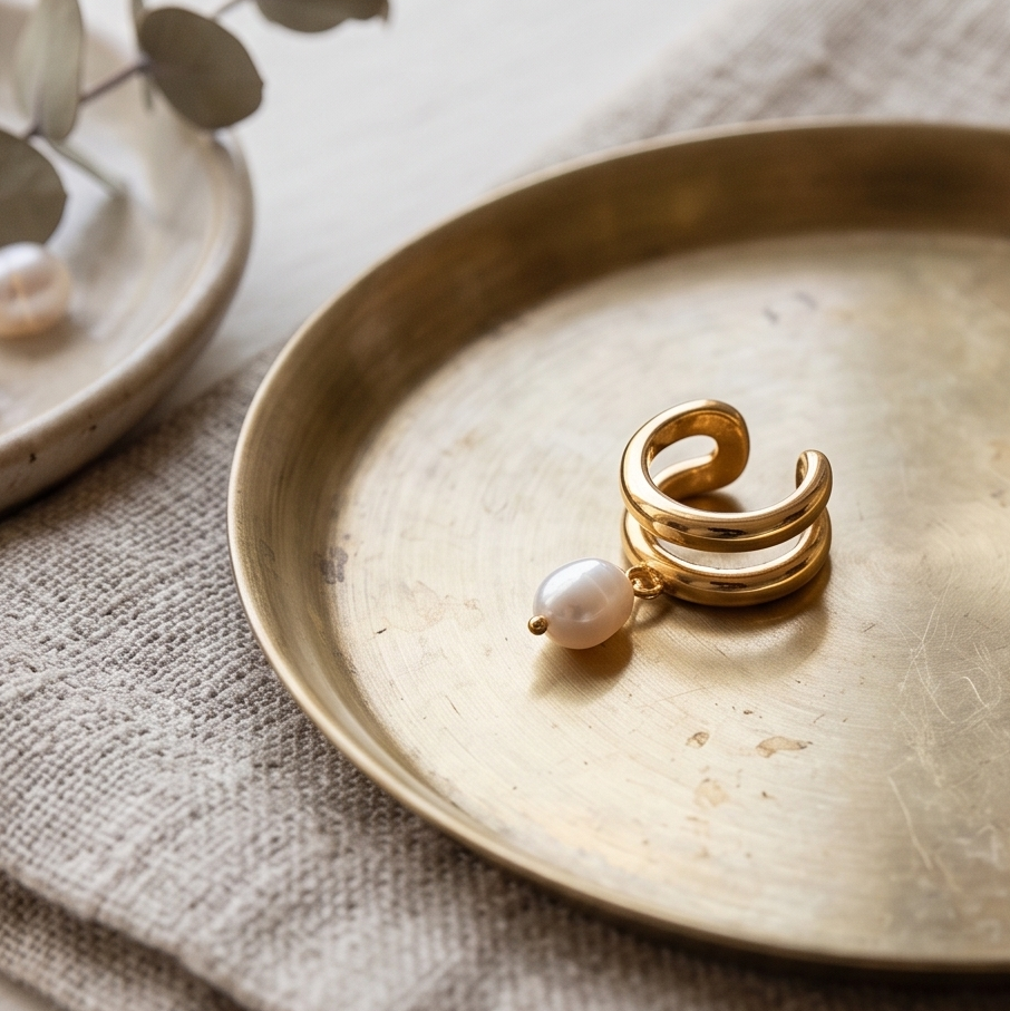 lifestyle image showcasing a gold ear cuff with a dangling pearl sitting in a gold plate. eucalyptus in the background