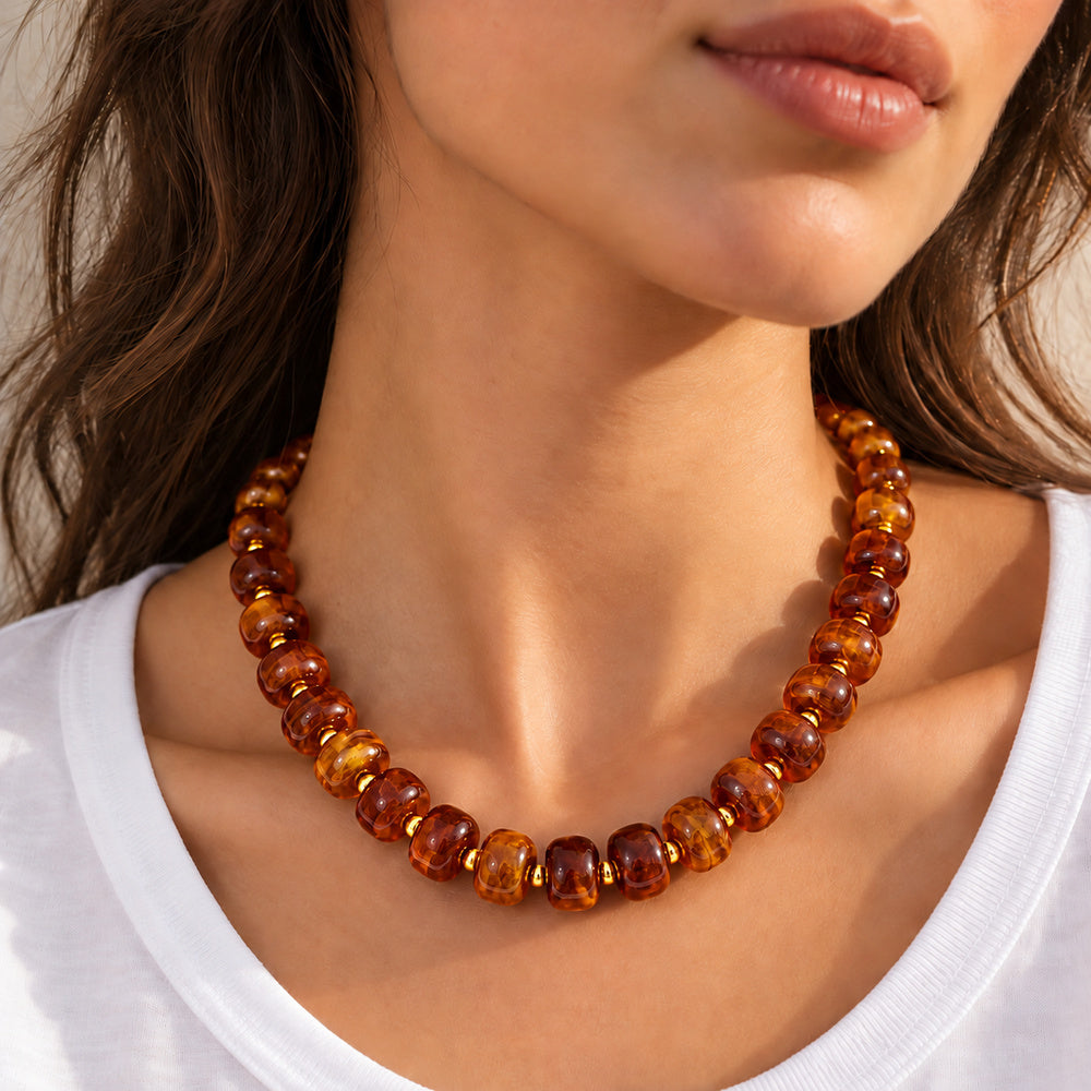 Santana Necklace in 18K gold-plated stainless steel, worn on model