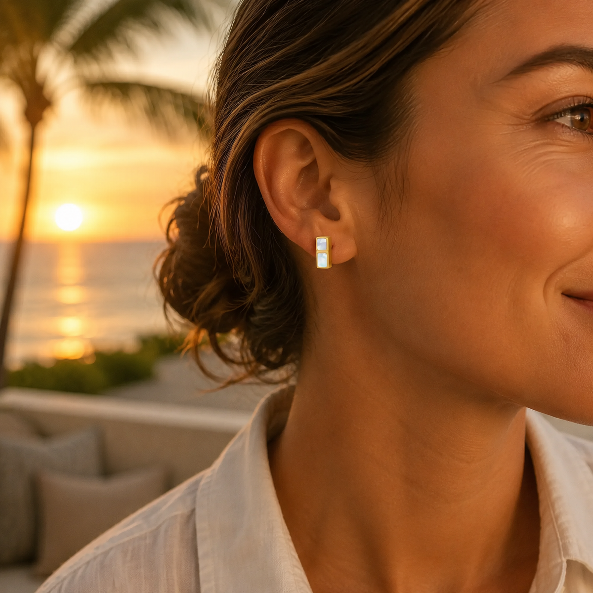 Sydney Earring in 18K gold-plated stainless steel with shell, worn on model