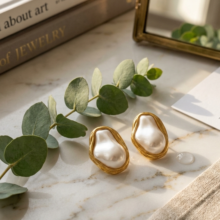 Gold oyster shell stud earrings with white baroque pearls, styled on a white marble surface with eucalyptus leaves, a gold mirror, and a linen napkin.