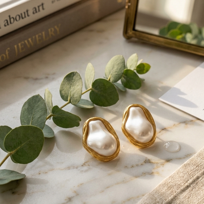 Gold oyster shell stud earrings with white baroque pearls, styled on a white marble surface with eucalyptus leaves, a gold mirror, and a linen napkin.