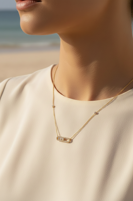 Close-on-model necklace view with slightly more clothing