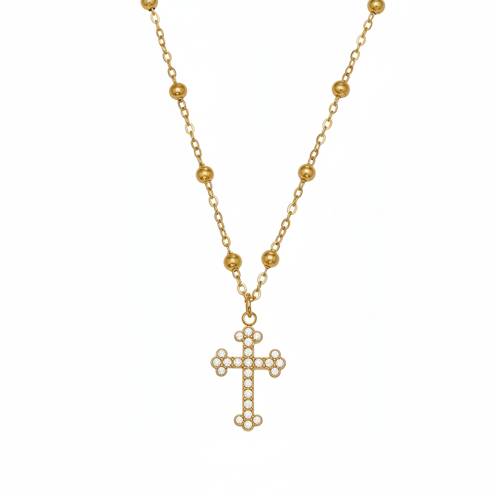 Cross pendant necklace on blank white background