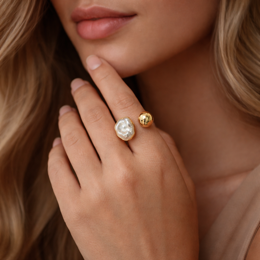 Close-up of a hand wearing two rings with pearls and gold accents.