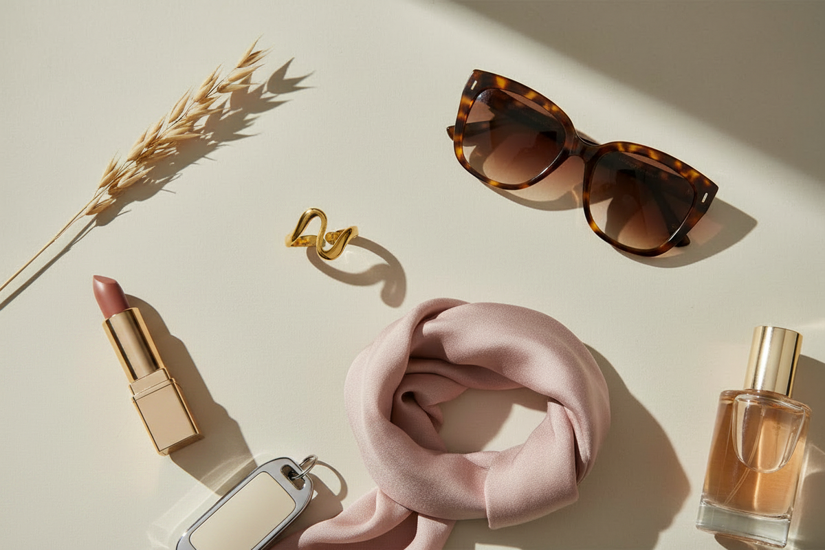 Emily Ring flat lay with lipstick and car keys