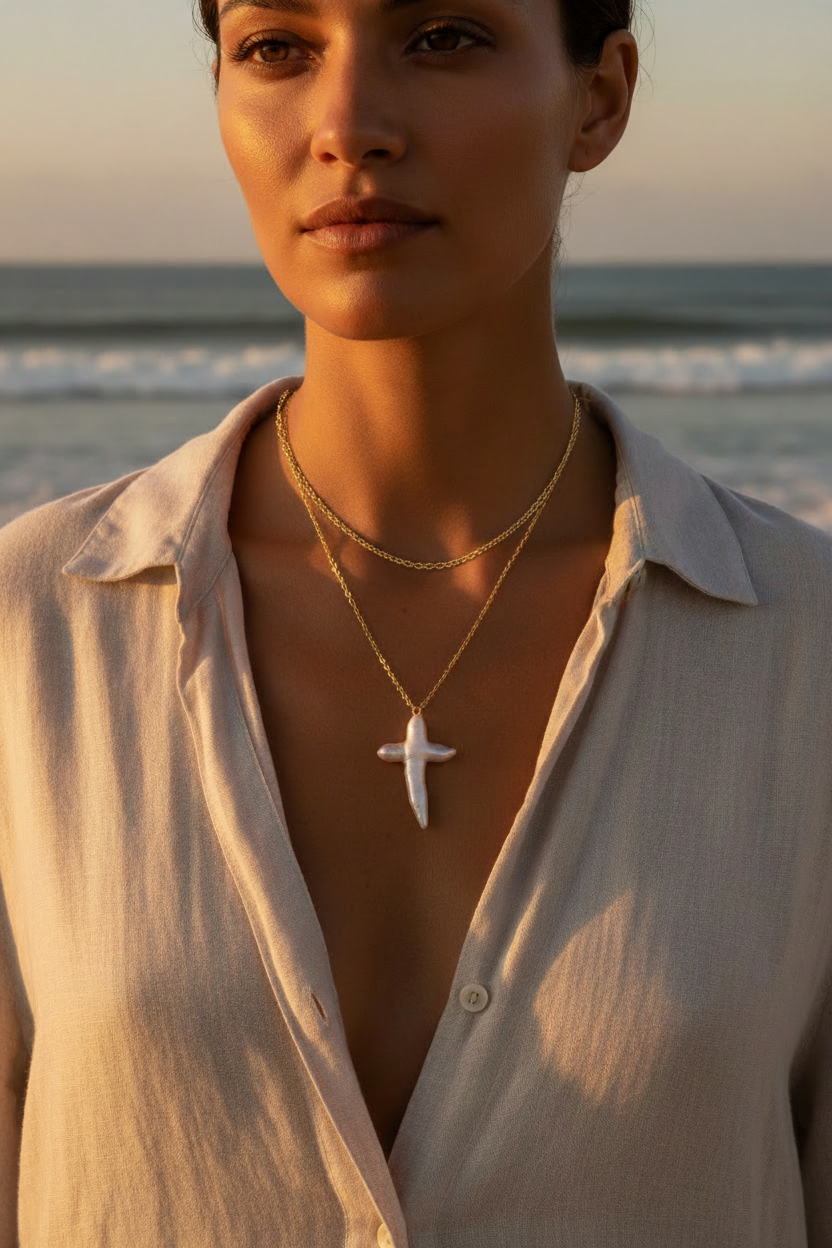 Model on the beach wearing the Patty freshwater pearl cross necklace