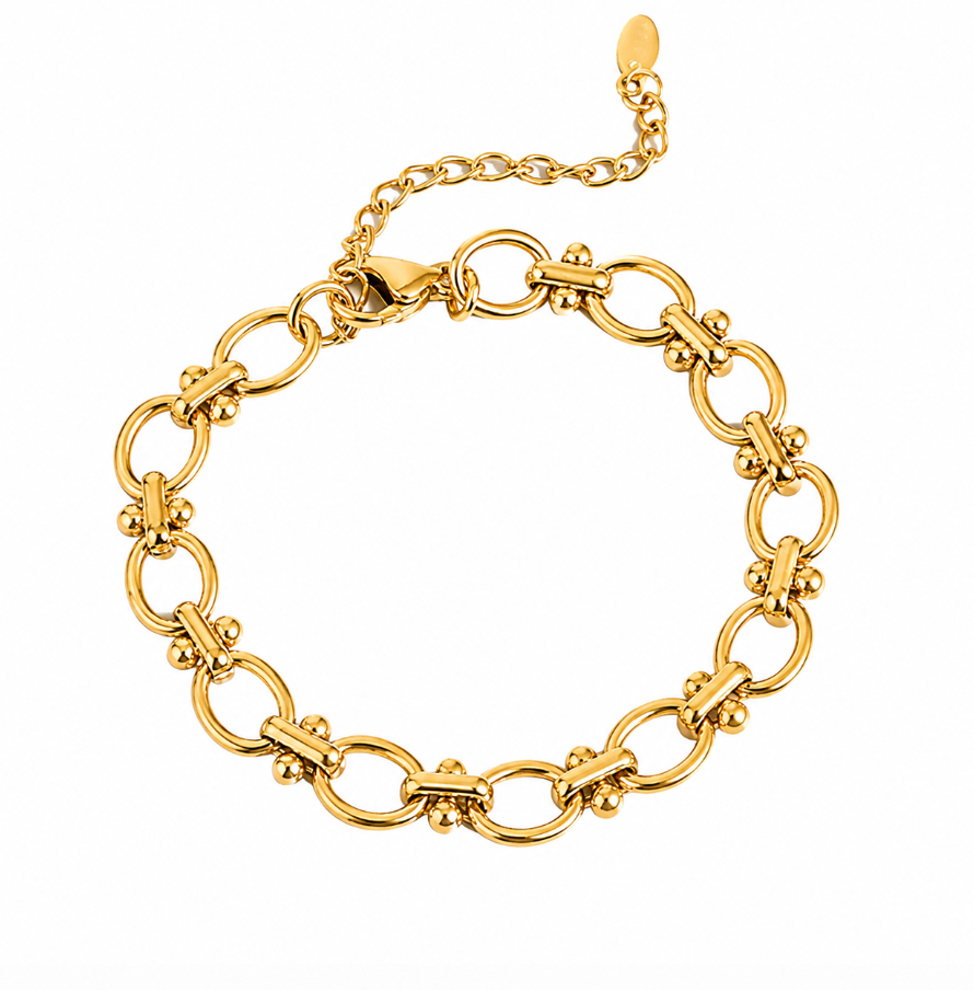 A gold-tone chain bracelet with interlocking oval links and a lobster clasp, photographed on a plain white background.