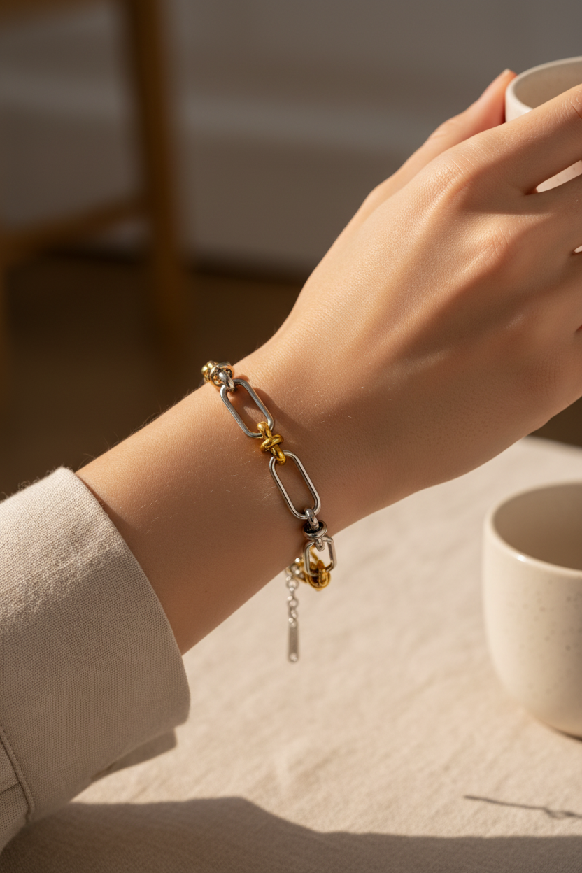 model wearing silver and gold lihnked bracelet