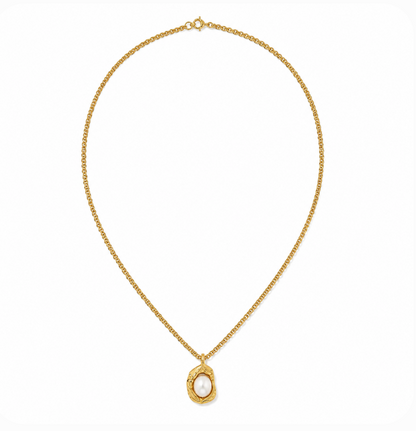 A delicate gold chain necklace with a textured gold pendant setting holding a single white pearl, displayed on a clean white background.
