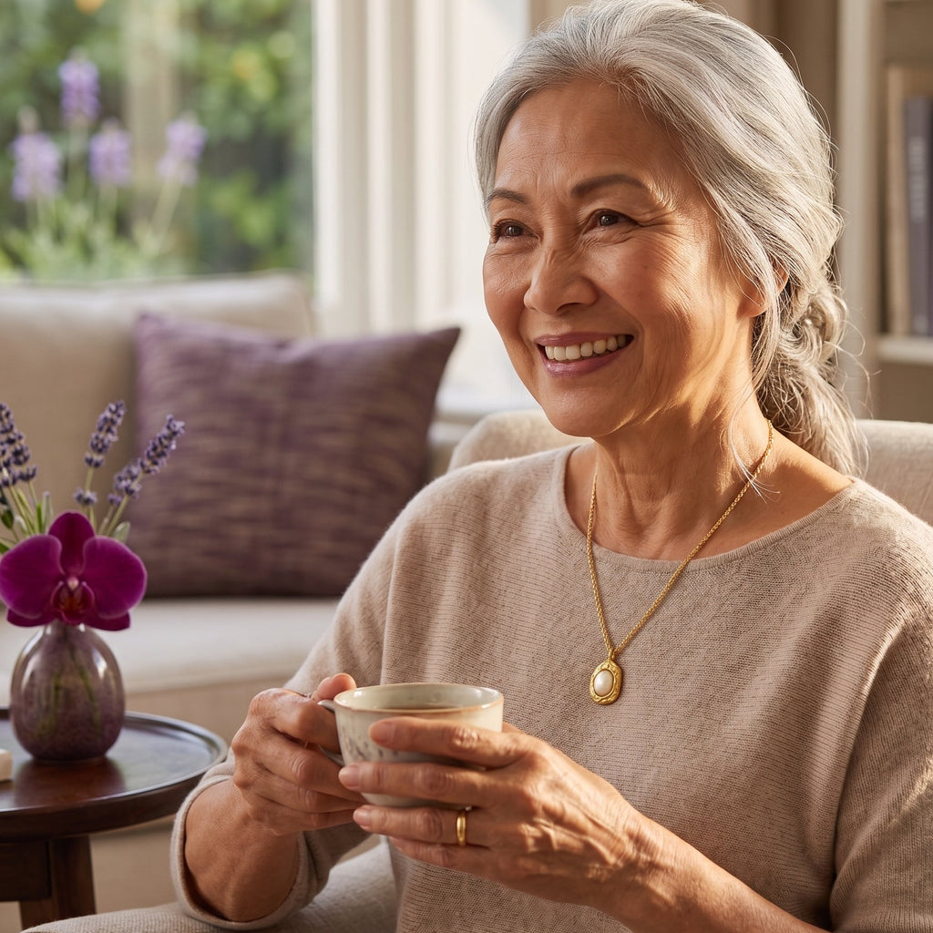 elderly south east asian woman drinking tea in living room wearing gold and pearl necklace