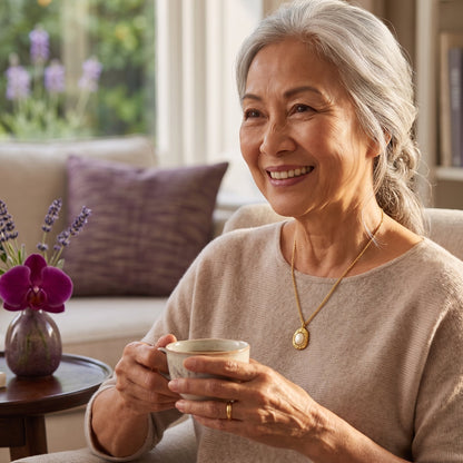 elderly south east asian woman drinking tea in living room wearing gold and pearl necklace